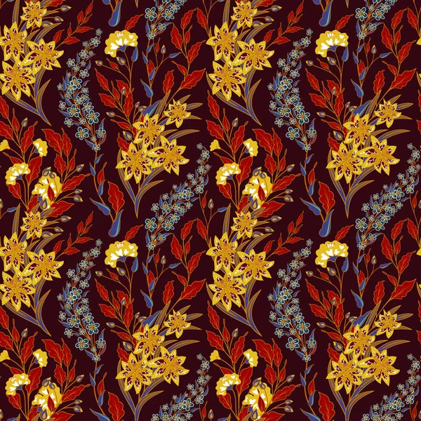 Vintage sömlös blommigt mönster på svart bakgrund. Vårblommor och ört. Botaniska vektorillustration. Varma färger — Stock vektor