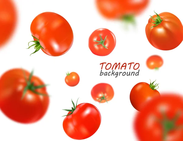 Frische rote Tomaten fliegen Hintergrund. Qualitätsvektor realistische Darstellung. — Stockvektor