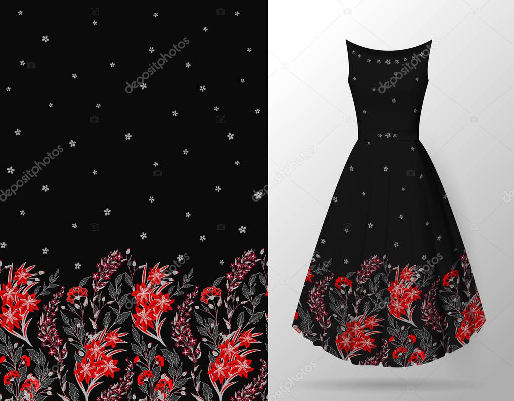 Seamless hand-drawn floral pattern with lots of plants and flowers. Vector seamless pattern on summer dress mock up. Red on black.