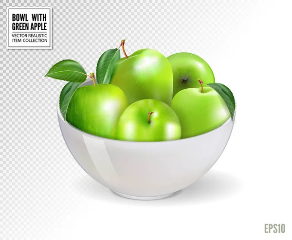 Groene appels in witte kom, geïsoleerd op transparante achtergrond. Realistische vector, 3d. Een beeld van de kwaliteit in elk formaat. — Stockvector