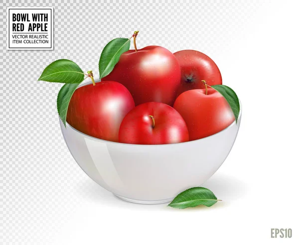 Manzanas rojas en tazón blanco, aisladas sobre fondo transparente. Vector realista, 3d. Una imagen de calidad en cualquier tamaño . — Archivo Imágenes Vectoriales