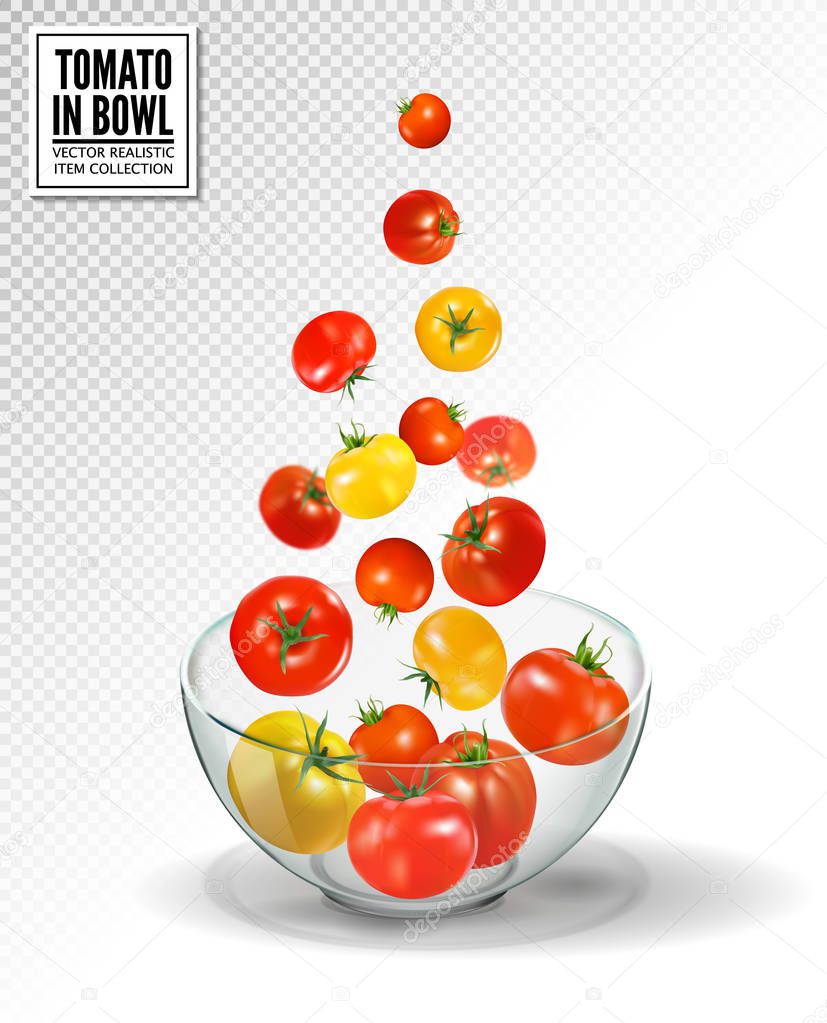 Tomatoes falling into glass bowl, isolated