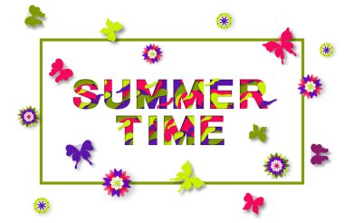 Kesme soyut kağıt ile yaz tipografi tasarım şekilleri. Vektör çizim. Renkli oyma kelebek, çiçek ve soyut öğeler. Trendy yaz renkleri 2018.