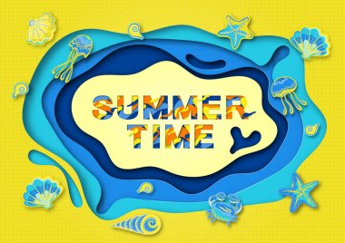 Kesme soyut kağıt ile yaz tipografi tasarım şekilleri, kabukları ve deniz yaşamı. Vektör çizim. Bir kare kesilmiş kağıt.