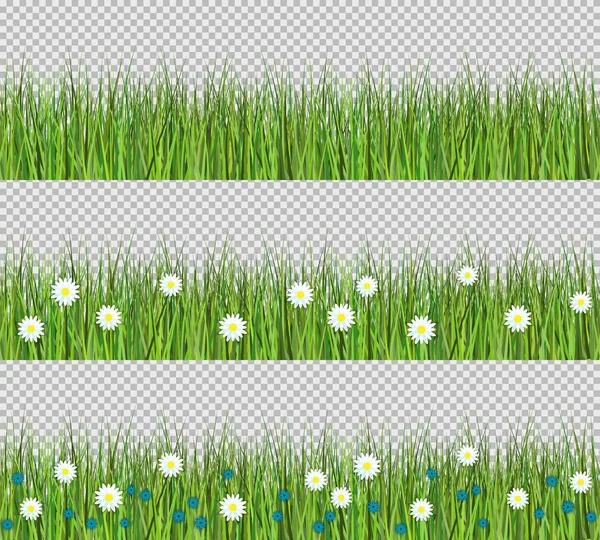 Green grass and flowers border. Set of flat vector illustration isolated on transparent background. Spring grass and meadow flowers pattern collection. — Stock Vector
