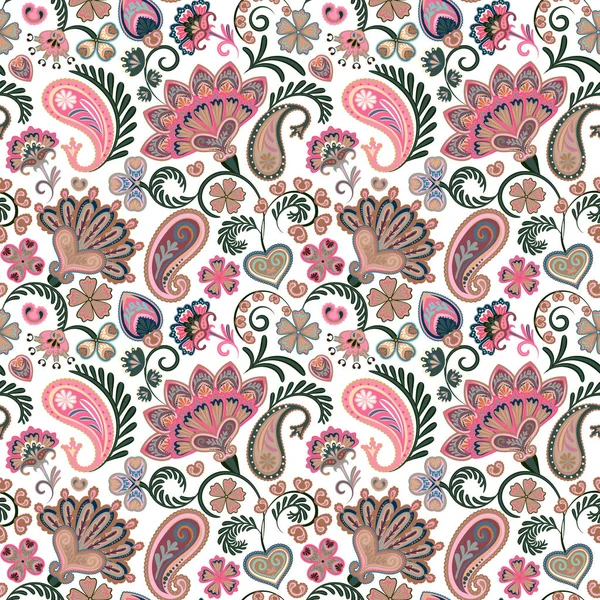 Patrón inconsútil colorido con flores de fantasía y elementos decorativos. Paisley. Estilo indio. Rosa pastel, Vector eps8 — Archivo Imágenes Vectoriales