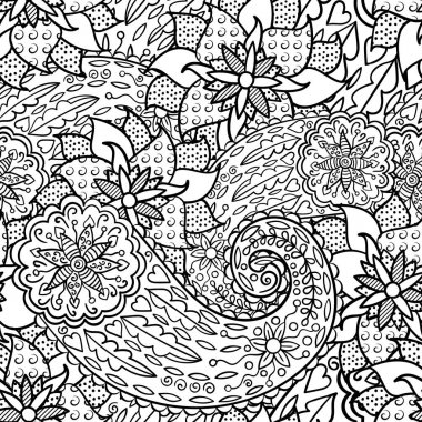 El yaprak ve çiçek ile çizilmiş seamless modeli. Doodles'ın çiçek süsleme. Siyah ve beyaz dekoratif öğeler. Duvar kağıdı, Yetişkin renklendirme kitaplar, web sayfası arka planı, yüzey dokuları için mükemmel.