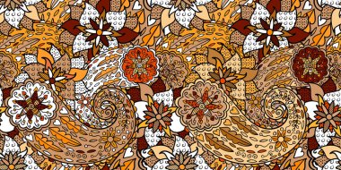 Varicolored vektör sorunsuz çizim. Pek çok kahverengi ve turuncu soyut çiçek ve paisley tropikal seamless modeli.