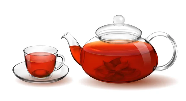 Şeffaf cam çaydanlık ve bardak çay beyaz izole — Stok fotoğraf