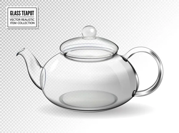 Empty glass teapot on transparent background. Realistic vector kettle with closed lid. — Stock Vector