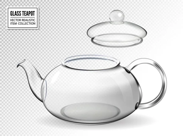 Empty glass teapot on transparent background. Realistic vector kettle with open lid. — Stock Vector