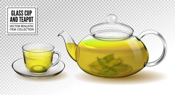 Théière en verre vectoriel et tasse avec thé vert isolé sur fond transparent. Articles vectoriels 3D réalistes . — Image vectorielle