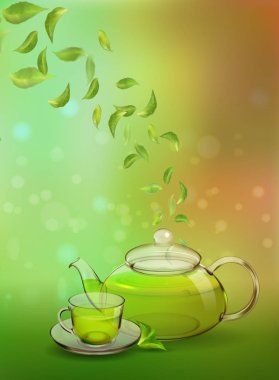 Bir cam çaydanlık ve renkli bir arka plan üzerinde yeşil çay. İhale için bir reklam afiş, broşür, kitapçık, çay menü. Foto-gerçekçi vektör görüntü.