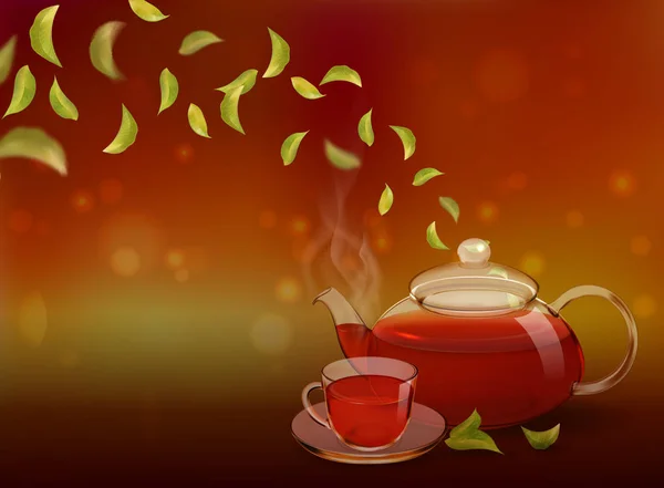 Eine gläserne Teekanne und eine Tasse Tee auf farbigem Hintergrund. Beschaffung von Werbeplakaten, Flyern, Broschüren, Teeküchen. fotorealistisches Vektorbild. — Stockvektor