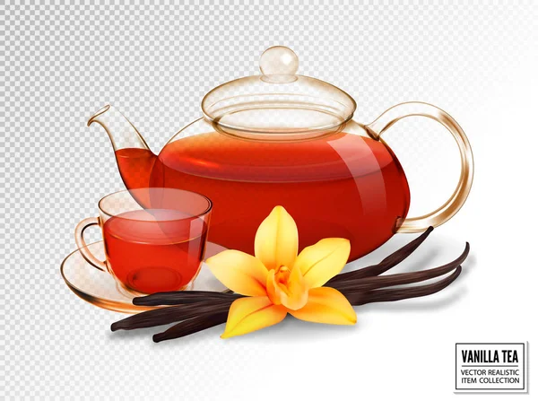 Összetétele egy üveg csésze és tea pot tea és vanília. Reális vektor kép. Vanília hüvely és orchidea virág. — Stock Vector