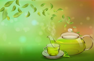 Bir cam çaydanlık ve renkli bir arka plan üzerinde yeşil çay. İhale için bir reklam afiş, broşür, kitapçık, çay menü. Foto-gerçekçi vektör görüntü.