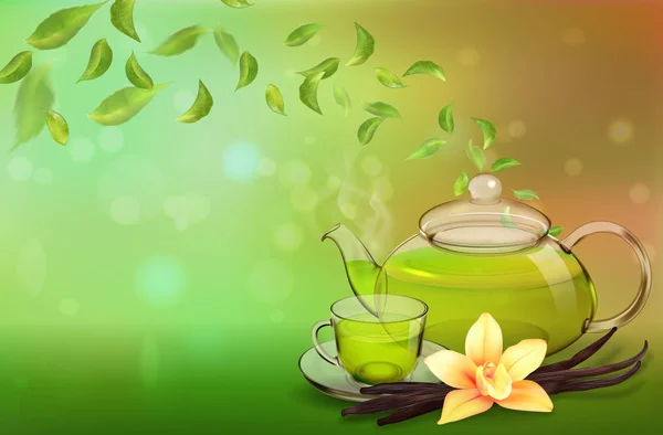 Folleto publicitario de té, póster o plantilla de banner. Anuncio de té verde, con hojas de té, taza de vidrio, tetera, frasco de paquete y vainilla. Ilustración 3d. Calidad vector realista — Vector de stock