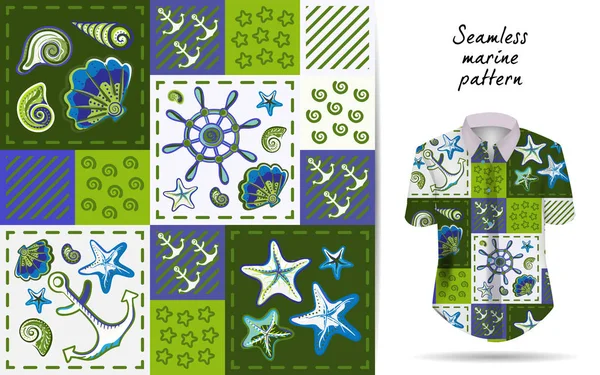 Námořních mořský patchwork vzor bezešvé s granáty, hvězdice, kotvy a kol. Patchwork pozadí s mořským životem na tričko maketa — Stockový vektor