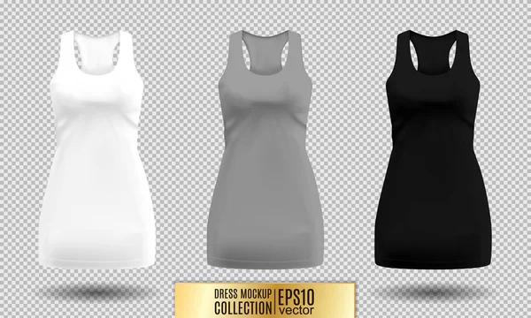 Γυναικείο κοντό φόρεμα-πουκάμισο mockup συλλογή. Ρεαλιστική διανυσματικά εικονογράφηση. Πλήρως επεξεργάσιμο χειροποίητο ματιών. Κλασικό φόρεμα με κοντά μανίκια. — Διανυσματικό Αρχείο