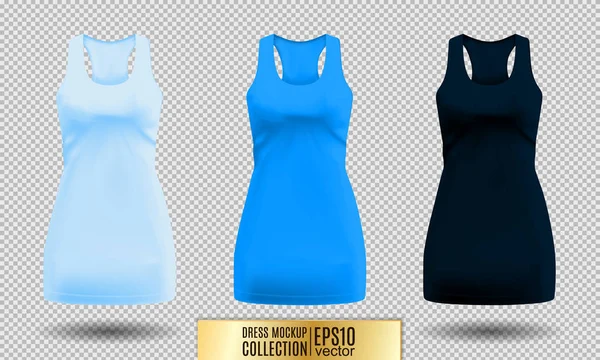 Réaliste détaillée 3d femmes robe mock up. Ensemble bleu clair, normal et foncé isolé sur les vêtements d'été de sport de fond. Illustration vectorielle — Image vectorielle