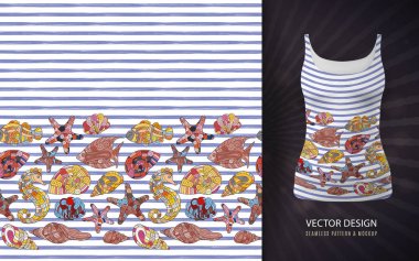 Vektör seashells çizgili arka plan üzerinde seamless modeli. Vintage oyulmuş illüstrasyon okyanus sualtı hayvanların singlet üzerinde sahte kadar kullanılan el çekilmiş.