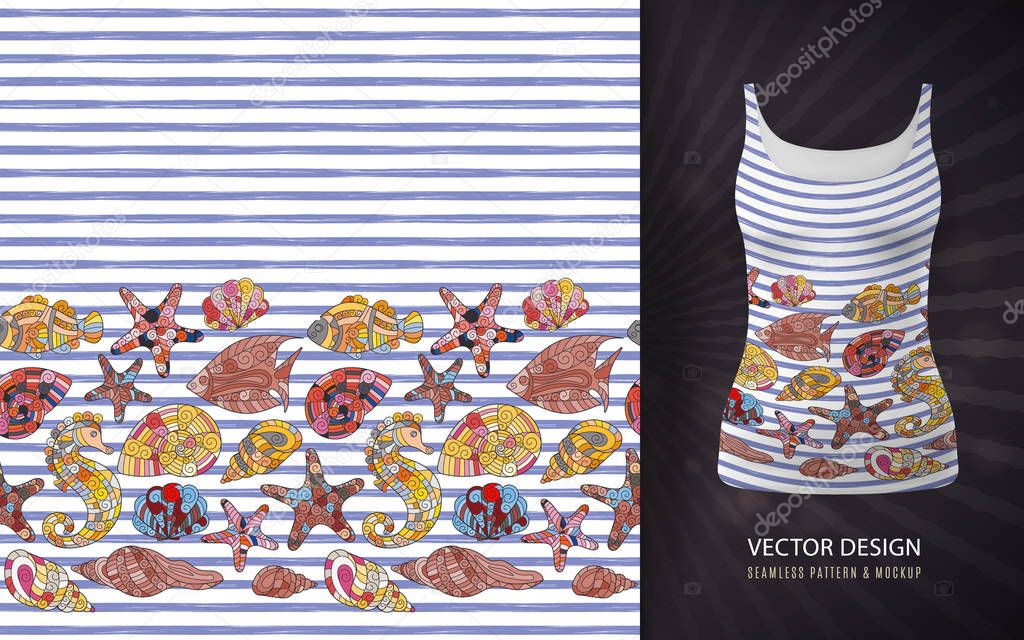 Vector seamless pattern of seashells on striped background. Hand drawn vintage engraved illustration of ocean underwater animals used on singlet mock up.
