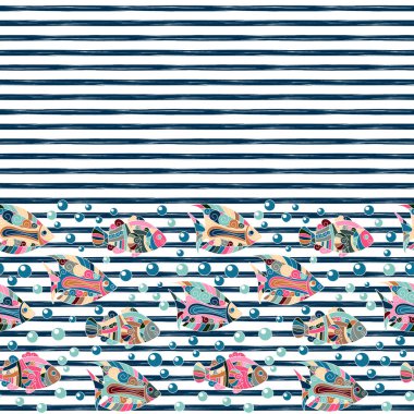 Çizgili arka plan, vektör çizim üzerinde farklı balıklar ile Seamless Modeli