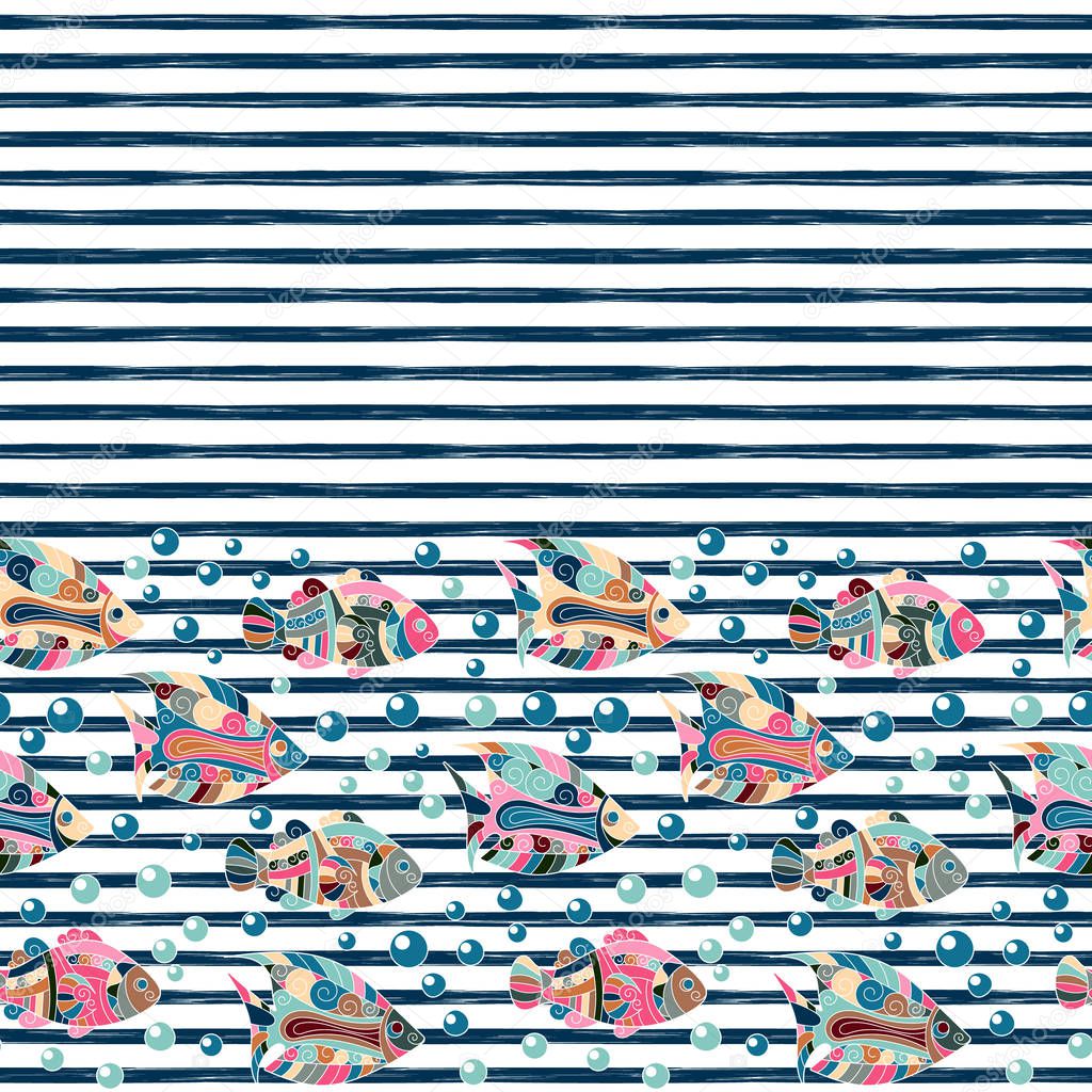 Seamless pattern with different fishes on striped background, vector illustration