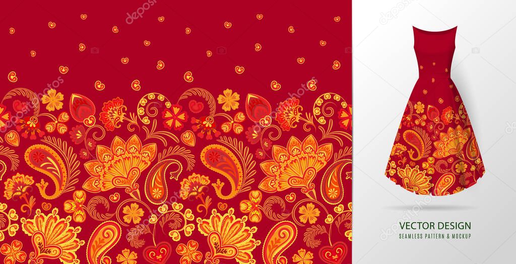 Hand drawn flower seamless pattern. Colorful seamless pattern with floral pattern in eastern style. Vector pattern for textile. Orange on red