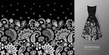 El çekilmiş çiçek seamless modeli. Doğu tarzı çiçek desenli renkli seamless modeli. Vektör desen Tekstil için. Siyah ve beyaz
