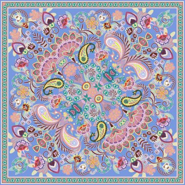 Paisley Bandana baskı. Vektör kare desen. Mavi