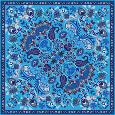 Vektör süsleme desenli bandana baskı, kumaş üzerine baskı ipek boyun eşarp veya fular kare desen tasarım stili. Bandana desenli stili