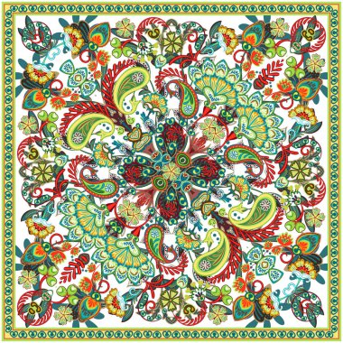 Vektör süsleme desenli bandana baskı, kumaş üzerine baskı ipek boyun eşarp veya fular kare desen tasarım stili. Bandana desenli stili