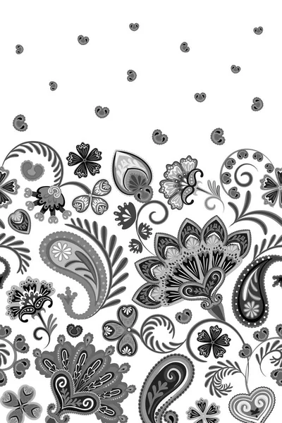 Hint çiçek Paisley patten kenarlık. Sorunsuz süsleme yazdırma. Etnik Mandala havlu. Kına stil vektör. Siyah ve beyaz. — Stok Vektör