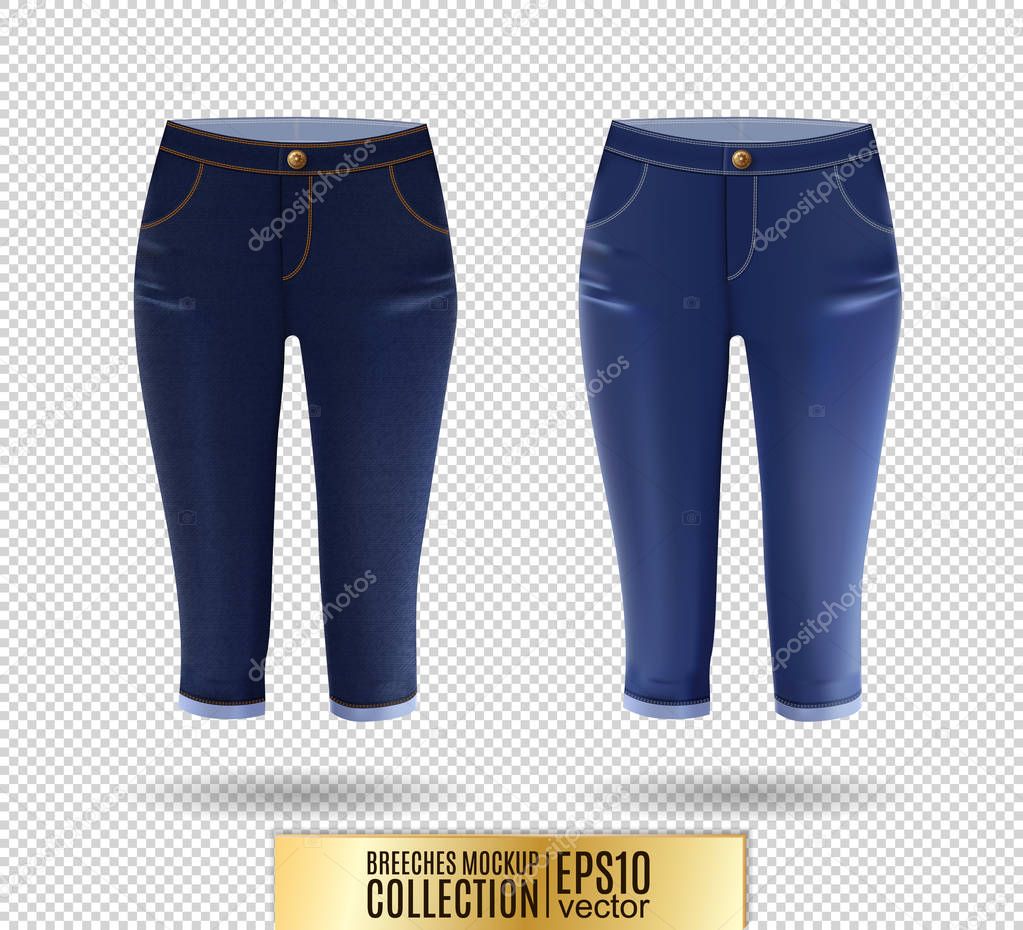 Set of realistick vector breeches mockup. Denim knickerbockers. Blue corduroys. Blue jeans knee-breeches set on transparent background.