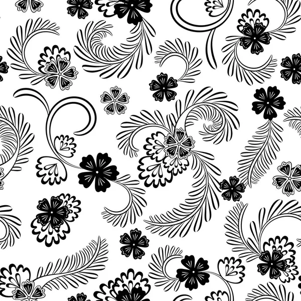 Vintage sömlös svart och vitt blommönster på svart bakgrund. Vektorillustration. En färg print. — Stock vektor