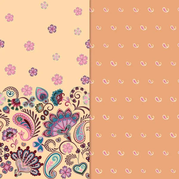 Conjunto de dois padrão floral sem costura horizontal com borda paisley e flores de fantasia. Textura desenhada à mão para roupas, roupas de cama, tecido do vestido etc. Bege. —  Vetores de Stock