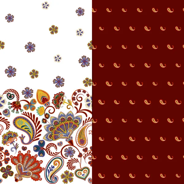 Conjunto de dois padrão floral sem costura horizontal com borda paisley e flores de fantasia. Textura desenhada à mão para roupas, roupas de cama, tecido do vestido etc. Branco e vinoso — Vetor de Stock