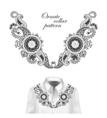 Paisley ve fantezi çiçekler ile şark süsleme. Vektör tasarım yaka gömlek, bluz için. Vektör çizim. Siyah ve beyaz