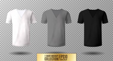 Gerçekçi vektör v-yaka t-shirt illüstrasyon kadar alay. Beyaz, gri, siyah