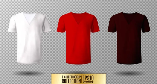 Ρεαλιστική διάνυσμα μπλούζα β-λαιμών mock πάνω εικόνα. Λευκό, κόκκινο, οινικής — Διανυσματικό Αρχείο