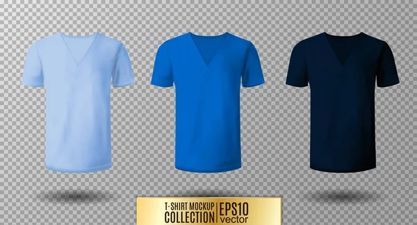 Realistic vector v-neck t-shirt mock up illustration. Light, normal, dark blue colors Stock Vector