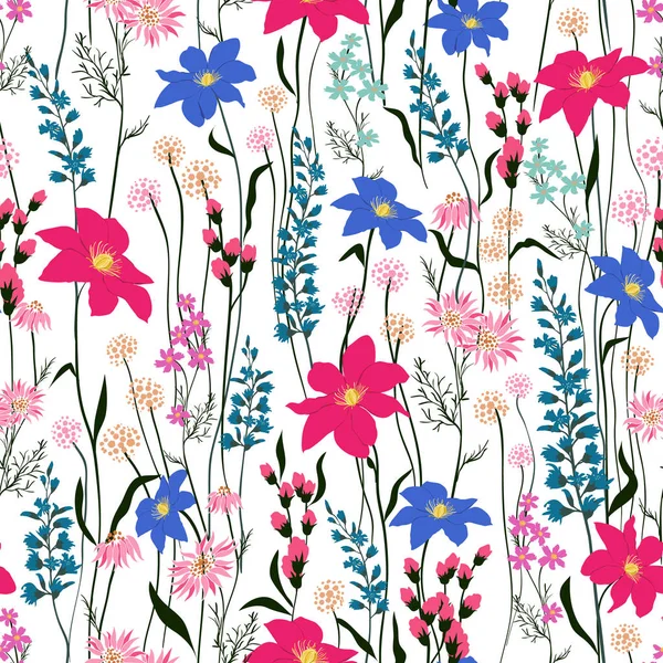 Seamless Pattern angin bertiup bunga, Terisolasi pada warna whhite. (Inggris) Botanical Floral Decoration Texture Desain Gaya Vintage untuk Cetak Kain, Latar Belakang Wallpaper . - Stok Vektor