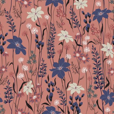 Sorunsuz vektör doku. Retro vahşi çiçek deseni çiçekler birçok tür. Botanik motifleri rastgele dağılmış. Moda parmak izi. Lila zemin üzerine elinde çizilmiş tarzı ile yazdırma.