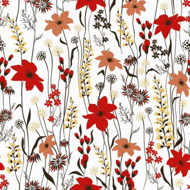 Sorunsuz vektör doku. Retro vahşi çiçek deseni çiçekler birçok tür. Botanik motifleri rastgele dağılmış. Moda parmak izi. Beyaz arka plan üzerinde elinde çizilmiş tarzı ile yazdırma.