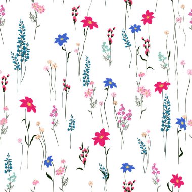 Sorunsuz vektör doku. Retro vahşi çiçek deseni çiçekler birçok tür. Botanik motifleri rastgele dağılmış. Moda parmak izi. Beyaz arka plan üzerinde elinde çizilmiş tarzı ile yazdırma.