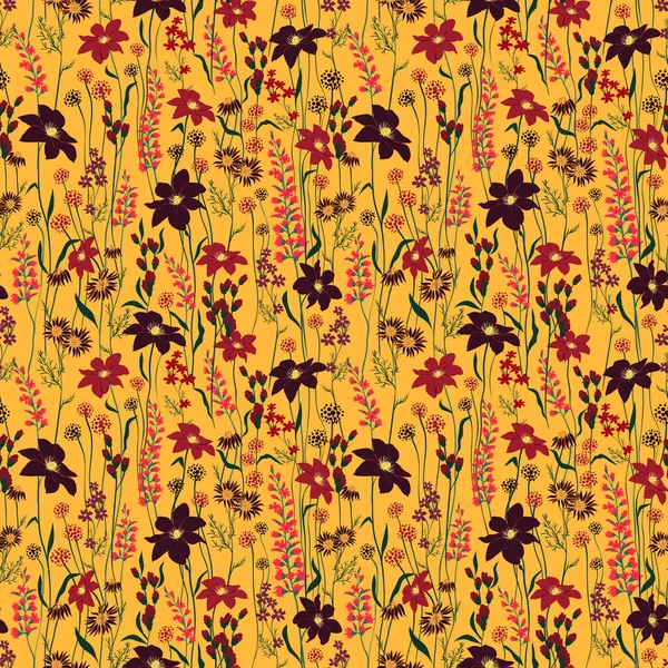 Nahtlose Muster Wind blasen Blumen, isoliert auf orange Farbe. botanische Blumendekoration Textur. Vintage-Stil-Design für Stoffdruck, Tapete Hintergrund. — Stockvektor
