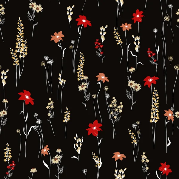 Bezszwowy wzór wiatr wieje kwiaty, izolowane na czarnym kolorze. Botaniczne dekoracje kwiatowe tekstury. Vintage Style Design for Fabric Print, tło tapety. — Wektor stockowy