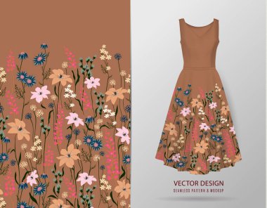 sorunsuz jant. Otlar ve yabani çiçek yaprakları ile sınır. Elbise mockup üzerinde botanik illüstrasyon renkli resimde.