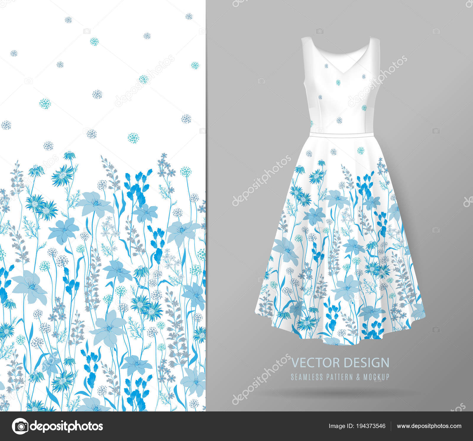 Download Hand drawn Floral pattern on dress mockup. Seamless vector ...